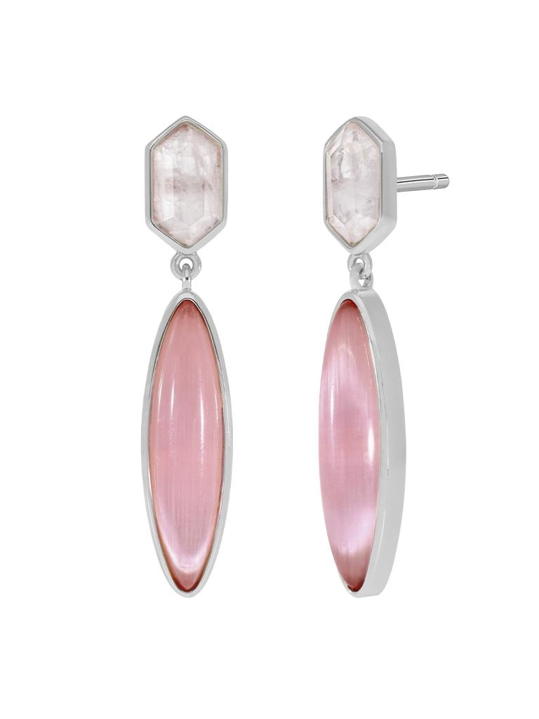 PENDIENTES MAREA PLATA DE LEY MUJER LARGOS PIEDRAS ROSA/BL