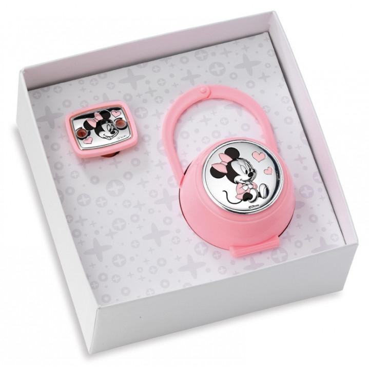 SET PINZA CHUPETE Y PORTACHUPETE PLATA BILAMINADO MINNIE MOUSE