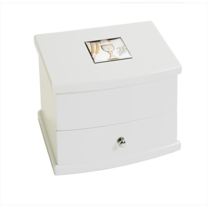 JOYERO PLATA BILAMINADA COMUNION BLANCO CON CAJON 18X13X13