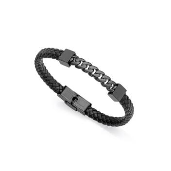 PULSERA VICEROY ACERO HOMBRE CADENA IP Y PIEL NEGRA