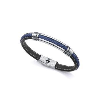 PULSERA VICEROY HOMBRE ACERO Y PIEL NEGRA Y AZUL