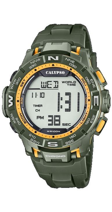 RELOJ CALYPSO HOMBRE DIGITAL CORREA CAUCHO VERDE DETALLES NARANJA