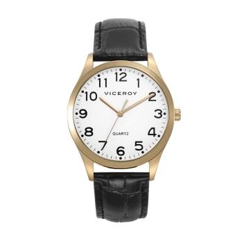 RELOJ VICEROY HOMBRE ACERO BISEL DORADO CORREA PIEL NEGRA  NUMEROS BASIC