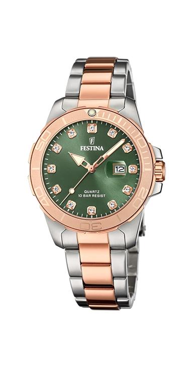 RELOJ FESTINA MUJER ACERO BICOLOR ROSE ESF VERDE,PIEDRAS BL,10MM