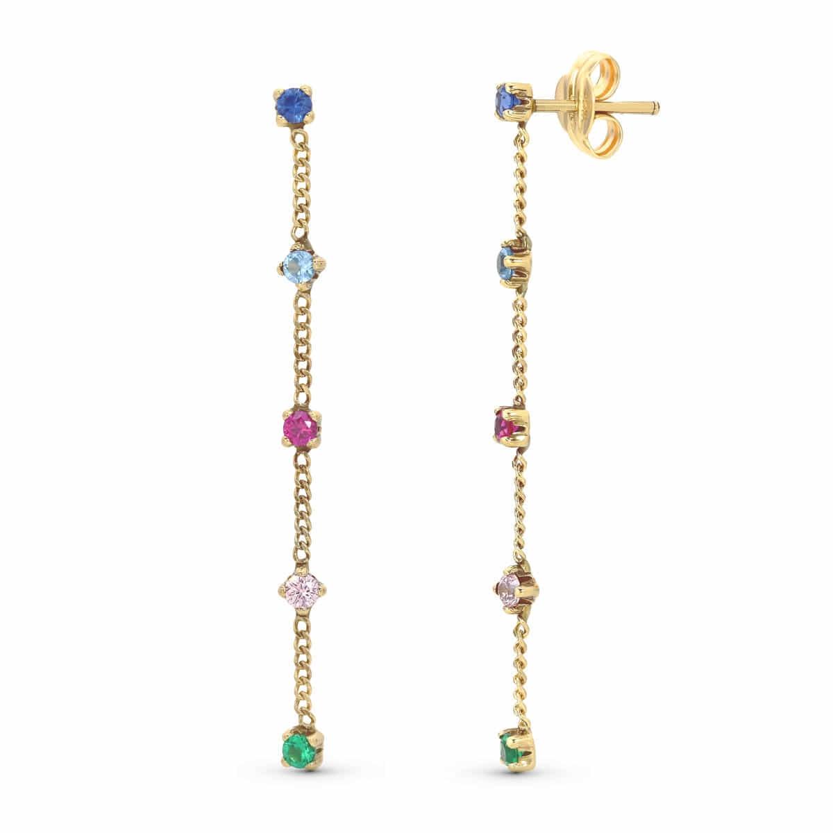 PENDIENTES ORO 18K LARGOS CADENA CIRCONITAS COLORES