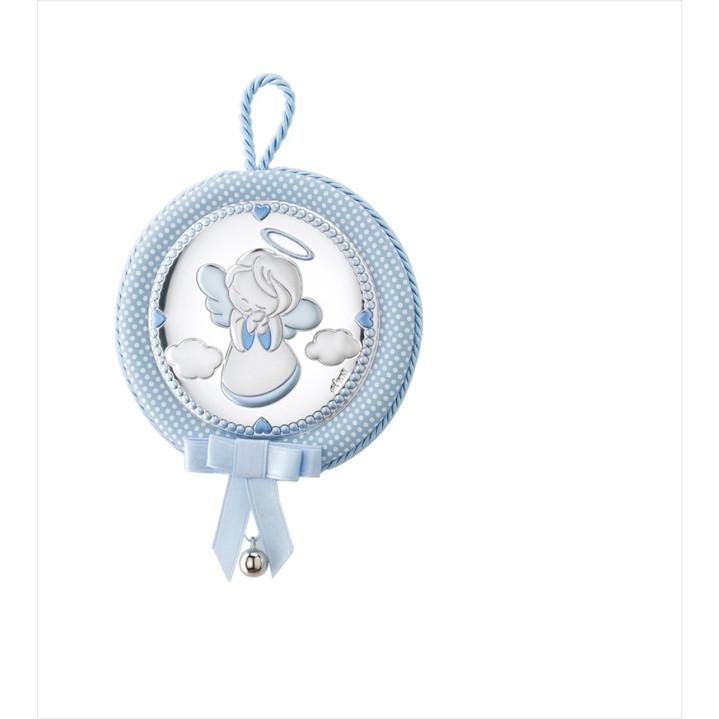 MEDALLON CUNA PLATA BILAMINADA MUSICAL REDONDA ANGEL AZUL